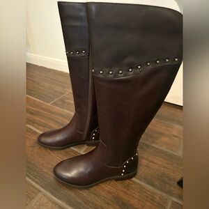 Marc Fisher Chocolate Brown Studded Leather Knee-High Riding Boots